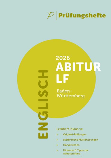 „Prüfungshefte 2026 Abitur LF Baden-Württemberg Englisch“; Lernheft mit Prüfungen, Lösungen und Tipps; minimalistisches Design.