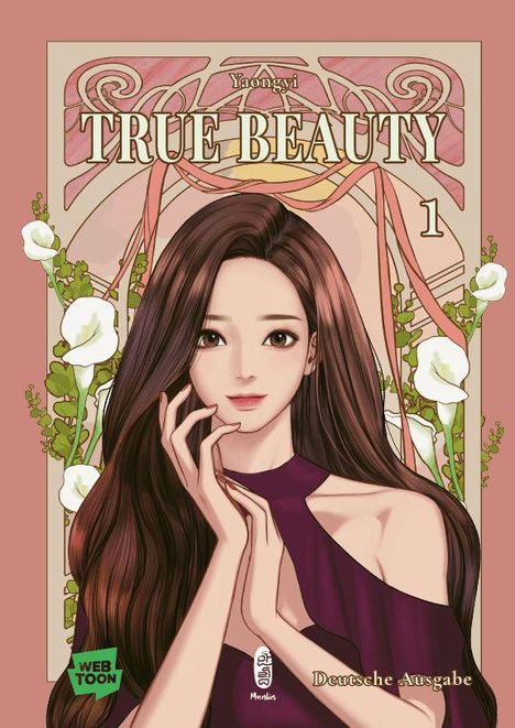 „TRUE BEAUTY 1“ in großen Buchstaben. Darunter eine gezeichnete Frau mit langen Haaren vor floralen Mustern.