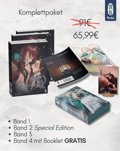 Komplettpaket für 65,99€, durchgestrichen 91€. Enthalten: Band 1, Band 2 Special Edition, Band 3, Band 4 mit Booklet GRATIS. Illustration von Büchern.