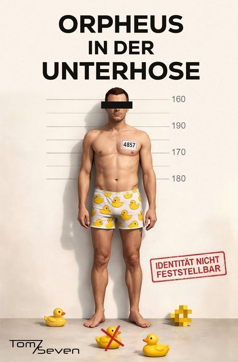 "ORPHEUS IN DER UNTERHOSE", "IDENTITÄT NICHT FESTSTELLBAR". Ein Mann in Enten-Boxershorts vor einer Messlatte.