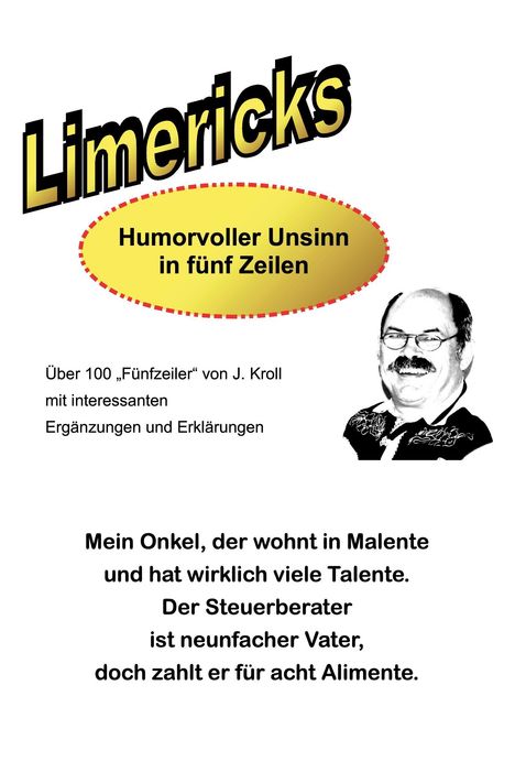 Titel: "Limericks" in gelber Schrift. Oval: "Humorvoller Unsinn in fünf Zeilen". Darunter ein Gedicht über einen Onkel in Malente.