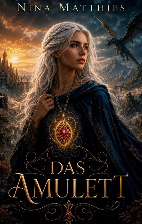 "Nina Matthies", "Das Amulett". Eine Frau mit langem weißem Haar trägt ein leuchtendes, rotes Amulett; Drache im Hintergrund.