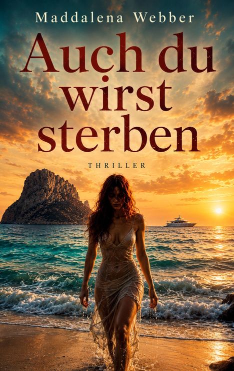 Text: „Maddalena Webber“, „Auch du wirst sterben“, „Thriller“. Eine Frau im nassen Kleid am Strand bei Sonnenuntergang.