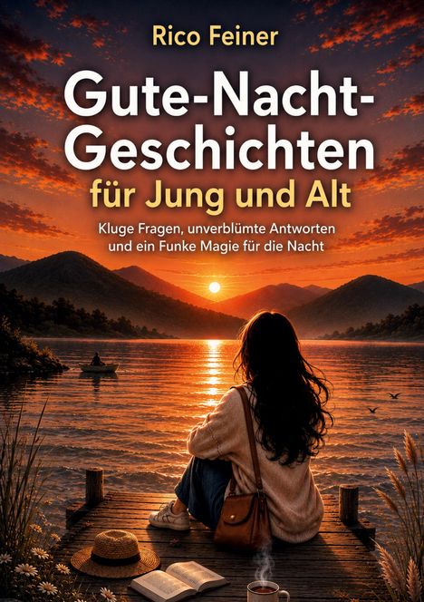 Text: "Rico Feiner, Gute-Nacht-Geschichten für Jung und Alt". Eine Person sitzt am See bei Sonnenuntergang.