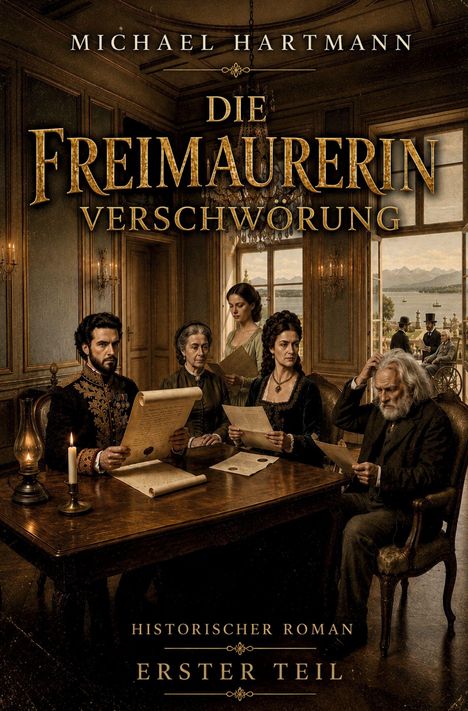„Michael Hartmann, Die Freimaurerin Verschwörung, Historischer Roman, Erster Teil“. Eine Gruppe in historischer Kleidung.
