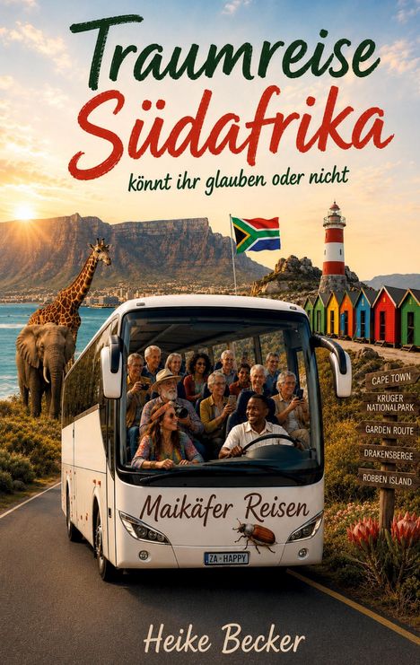 „Traumreise Südafrika – könnt ihr glauben oder nicht.“ Ein Bus mit lächelnden Fahrgästen, Südafrikas Szenerie, Tiere.