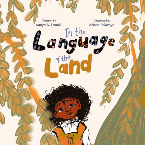 Text: "In the Language of the Land". Illustration: Kind mit lockigem Haar und orangefarbener Kleidung, umgeben von Blättern.