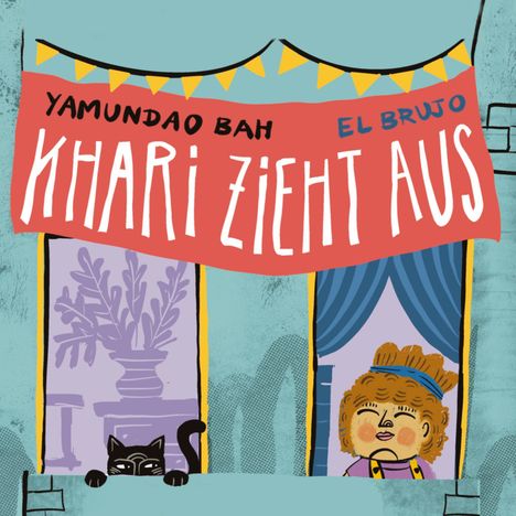 Ein rotes Banner mit "Khari zieht aus". Links eine schwarze Katze, rechts ein Kind vor einem Vorhang.