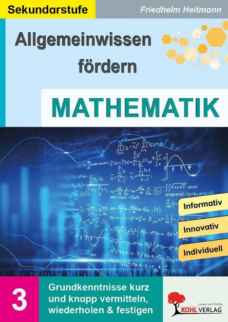 "Mathematik: Allgemeinwissen fördern" steht oben. Unten Notizen "Informativ", "Innovativ", "Individuell". Hintergrund: Formeln.