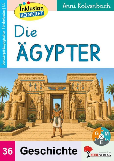 "Die Ägypter" in blauer Schrift, Illustration eines ägyptischen Tempels mit einer Figur in der Mitte und zwei großen Statuen.