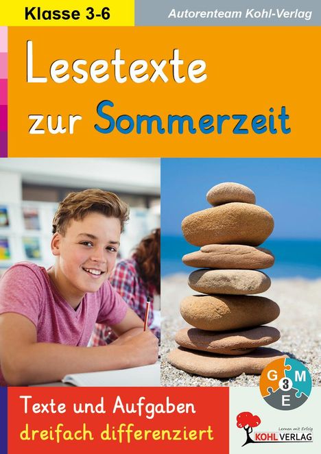 "Lesetexte zur Sommerzeit", Schüler schreibt, Steine am Strand. Enthaltene Logos: GME und Kohl Verlag.
