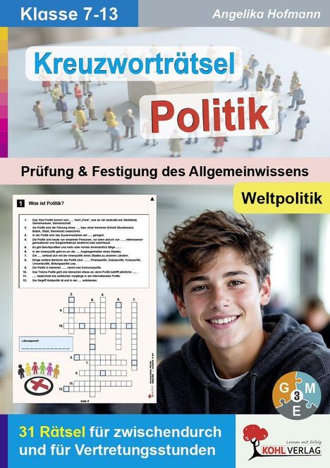 Text: "Kreuzworträtsel Politik", "Prüfung & Festigung des Allgemeinwissens", "Weltpolitik". Junge lächelt, Kreuzworträtsel sichtbar.