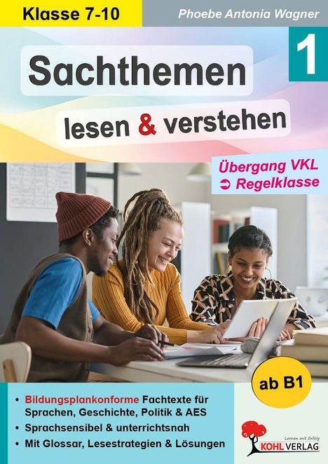 "Klasse 7-10", "Sac. lesen & verstehen", "ab B1". Drei Personen am Tisch, lächeln und schauen auf ein Tablet.