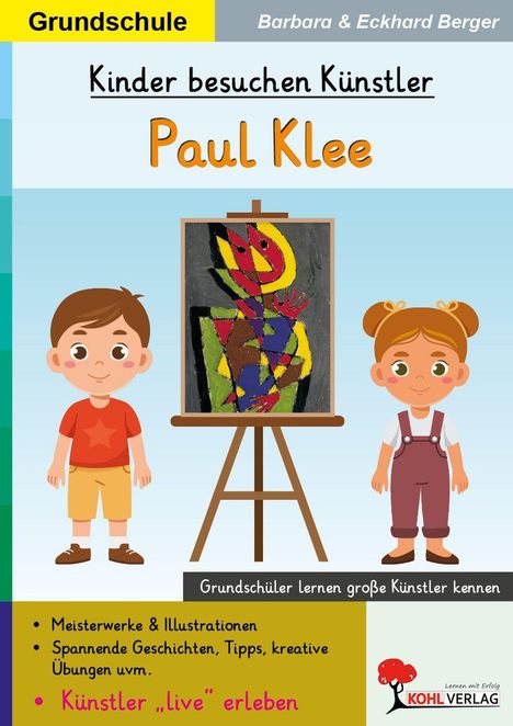 **Kinder besuchen Künstler Paul Klee**. Zwei Kinder stehen neben einem Kunstwerk auf einer Staffelei.