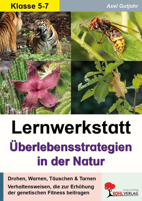 "Klasse 5-7. Lernwerkstatt Überlebensstrategien in der Natur" zeigt Tier- und Pflanzenbilder mit einem Logo unten rechts.