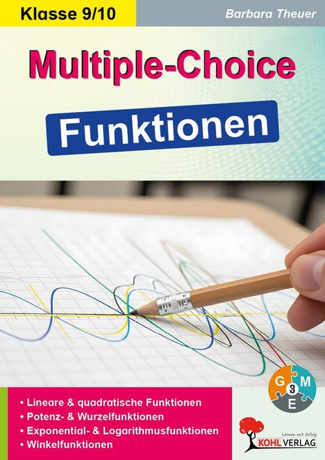 Klasse 9/10, Multiple-Choice Funktionen. Grafische Darstellung von Kurven und einem Bleistift.