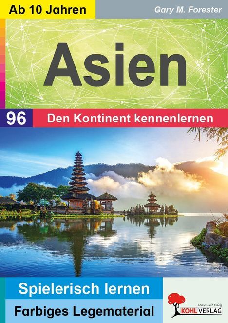 "Asien. Den Kontinent kennenlernen. Spielerisch lernen. Farbenfrohe Landschaft mit traditionellem Tempel am Wasser."