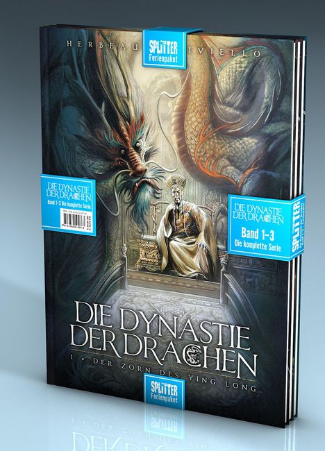 "Die Dynastie der Drachen Band 1-3," Cover zeigt majestätischen Drachen und Herrscher auf Thron.