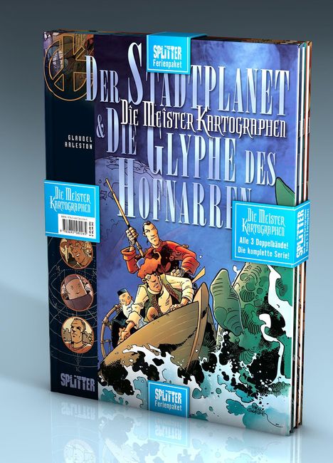 „Der Stadtplanet, Die Meister Kartographen & Die Glyphe des Hofnarren“. Comicartiges Cover mit Abenteuerszene.