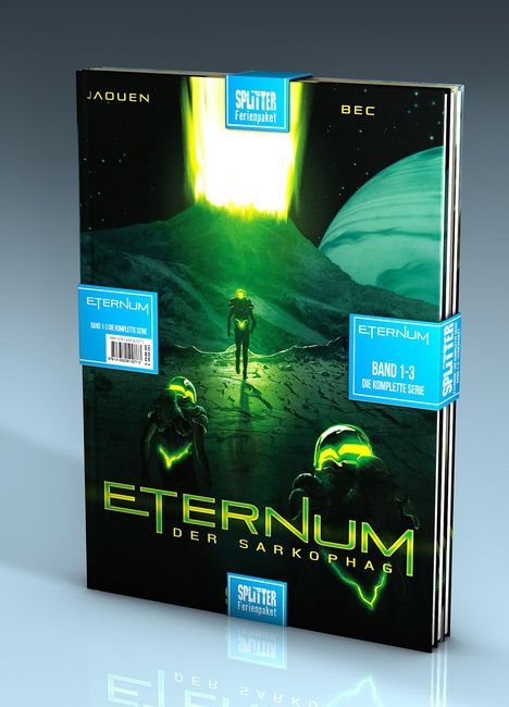 „ETERNUM - DER SARKOPHAG“ und „BAND 1-3 DIE KOMPLETTE SERIE“ auf einem Cover mit grünem Licht und Astronauten.