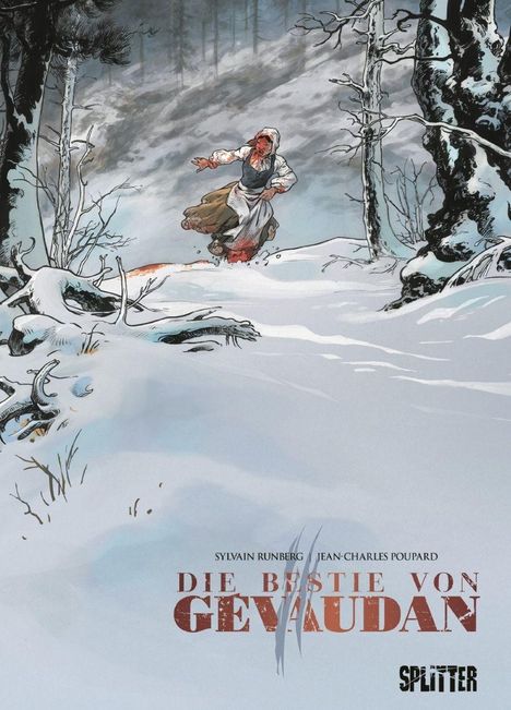 Der Text lautet: "Die Bestie von Gévaudan". Eine Person rennt blutend durch tiefen Schnee in einem dunklen Wald.