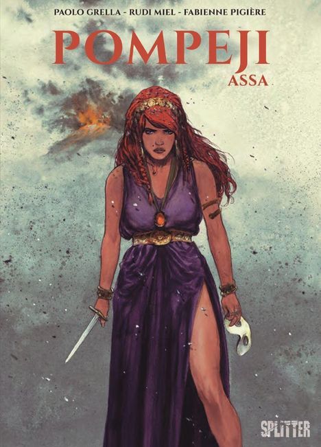 Text: "PAOLO GRELLA - RUDI MIEL - FABIENNE PIGIÈRE", "POMPEJI", "ASSA". Eine Frau mit rotem Haar, violettem Kleid, Dolch.