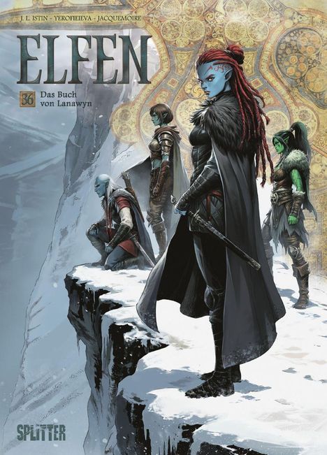 Text: "ELFEN", "36", "Das Buch von Lanawyn". 
Illustration: Vier Fantasy-Figuren in Winterkleidung auf einem verschneiten Felsen.