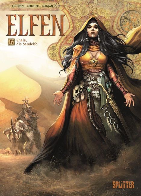 "Elfen 37: Shala, die Sandelfe". Eine rothaarige Frau in aufwendiger Kleidung, Wüste, ein riesiges gelbes Tier im Hintergrund.