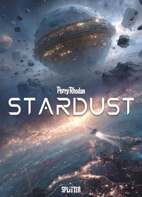 "Perry Rhodan Stardust" zeigt ein riesiges Raumschiff, das durch ein Asteroidenfeld im Weltraum fliegt.