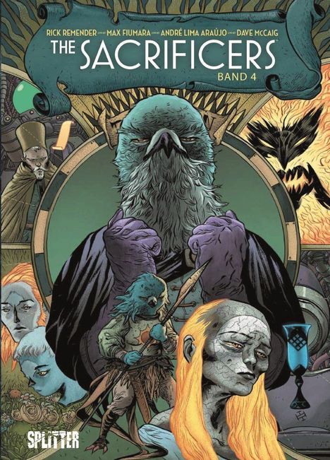 "The Sacrificers Band 4" Illustration: Viele Figuren, darunter ein großer Vogel mit lilafarbenen Handschuhen und maskenhafte Gesichter.