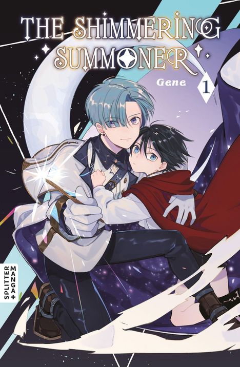 „THE SHIMMERING SUMMONER“, Gene, Band 1. Zwei Figuren in Manga-Stil, eine trägt einen roten Umhang.
