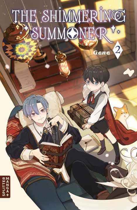 „The Shimmering Summoner“ Band 2. Junge mit Büchern, anderer Junge mit Buch auf Couch, dekorative Lampen.