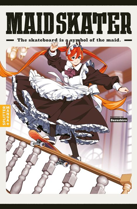 „MAIDSKATER: The skateboard is a symbol of the maid.“ Eine Maid skatet eine Treppe hinunter. Hochdynamische Szene.