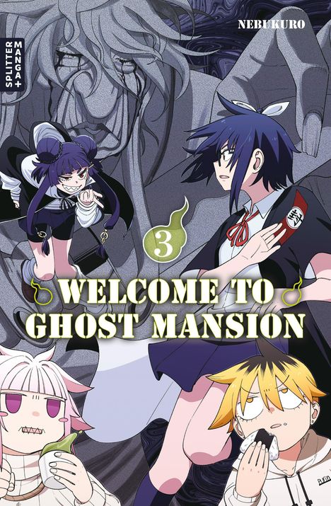 „WELCOME TO GHOST MANSION“ in großen Buchstaben. Illustration von Anime-Charakteren im Geister-Thema.