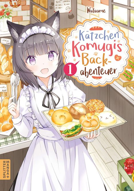 "Kätzchen Komugi's Backabenteuer 1" steht auf einem farbenfrohen Schild. Eine weibliche Figur mit Katzenohren hält ein Tablett mit Brötchen.