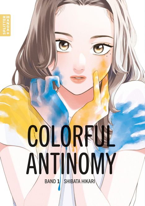 Titel: „Colorful Antinomy“, Band 1, Shibata Hikari. Eine gezeichnete Frau mit farbigen Händen und Gesicht.