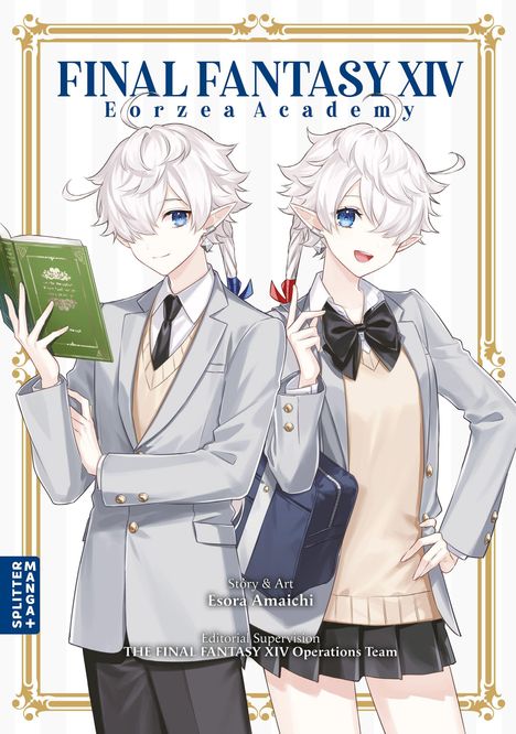 "FINAL FANTASY XIV Eorzea Academy". Zwei Figuren in Schuluniform, eine mit Buch, die andere mit Tasche. Anime-Stil.