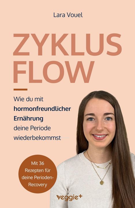 Titel: Zyklus Flow. Thema: hormonfreundliche Ernährung für die Wiederherstellung der Periode. Frau lächelt freundlich.