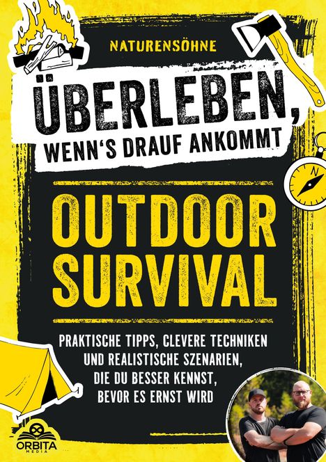 "ÜBERLEBEN IM ERNSTFALL: OUTDOOR SURVIVAL. Praktische Tipps, clevere Techniken. Oben Feuer, Axt, Kompass und Zelt-Icons."