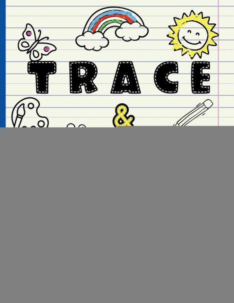 Text: "TRACE". Illustrationen eines Schmetterlings, einer Farbpalette, eines Regenbogens, einer Sonne und eines Stifts.