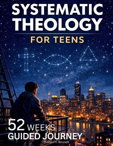 „Systematic Theology for Teens“, „52 Weeks Guided Journey“, Thomas H. Bennett. Junge betrachtet eine beleuchtete Stadt nachts.