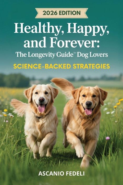 „2026 Edition. Healthy, Happy, and Forever: The Longevity Guide for Dog Lovers. Science-Backed Strategies.“ Zwei Hunde rennen.