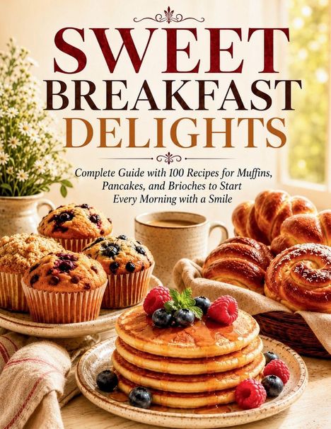 "SWEET BREAKFAST DELIGHTS" steht oben. Darunter Muffins, Pfannkuchen mit Beeren und Gebäck. Ein gemütliches Frühstücksset.