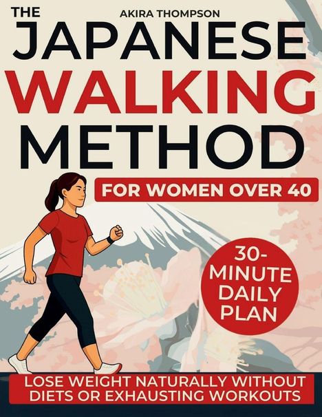 "The Japanese Walking Method for Women Over 40", "30-Minute Daily Plan." Illustration: Frau beim Gehen vor Berg.