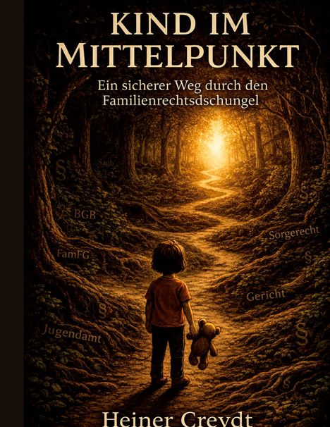 "Kind im Mittelpunkt. Ein sicheres Weg durch den Familienrechtsdschungel." Ein Kind mit Teddy auf Waldboden, Sonnenlicht.