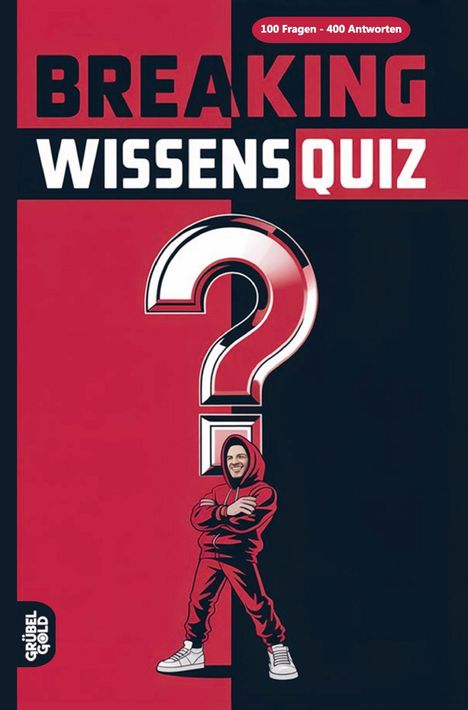 „Breaking Wissensquiz“ in großen Buchstaben. Illustration: Person im roten Hoodie neben großem Fragezeichen.