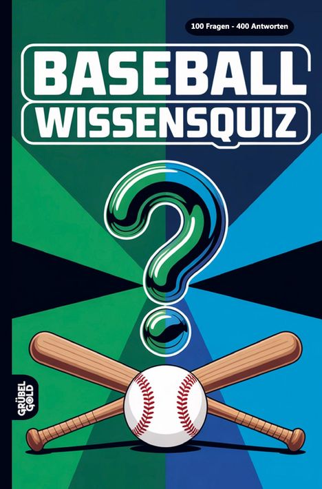 "Baseball Wissensquiz" und "100 Fragen – 400 Antworten". Illustration mit Baseball, Schlägern und Fragezeichen.