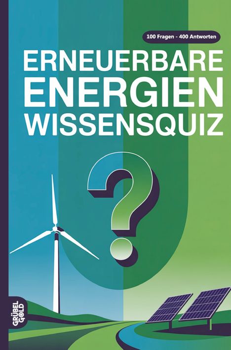 "ERNEUERBARE ENERGIEN WISSENSQUIZ" oben, darunter ein Fragezeichen. Windrad und Solarpaneele als Illustration.