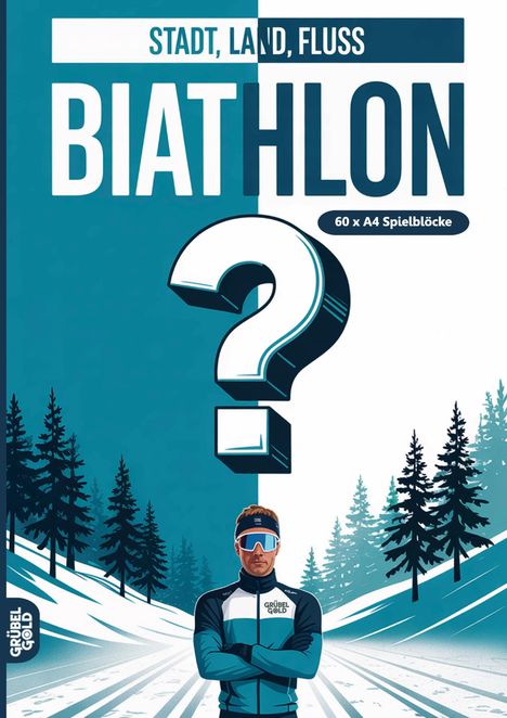 "Stadt, Land, Fluss BIATHLON", "60 x A4 Spielblöcke". Illustration: Skifahrer vor verschneiten Bäumen mit Fragezeichen.