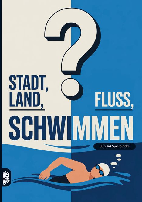 "STADT, LAND, FLUSS, SCHWIMMEN" mit einem großen Fragezeichen. Illustration eines Schwimmers im Wasser.